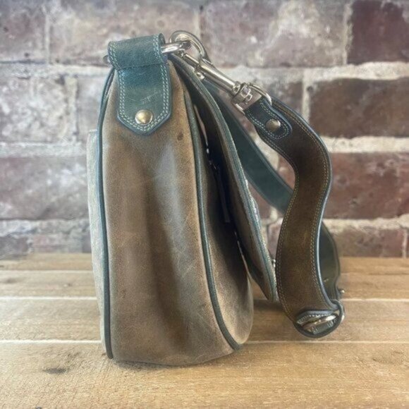 Ariat Western Teal Blue & Brown Leather Shoulder Bag Purse With Buckle Flap Clos - Picture 4 of 9